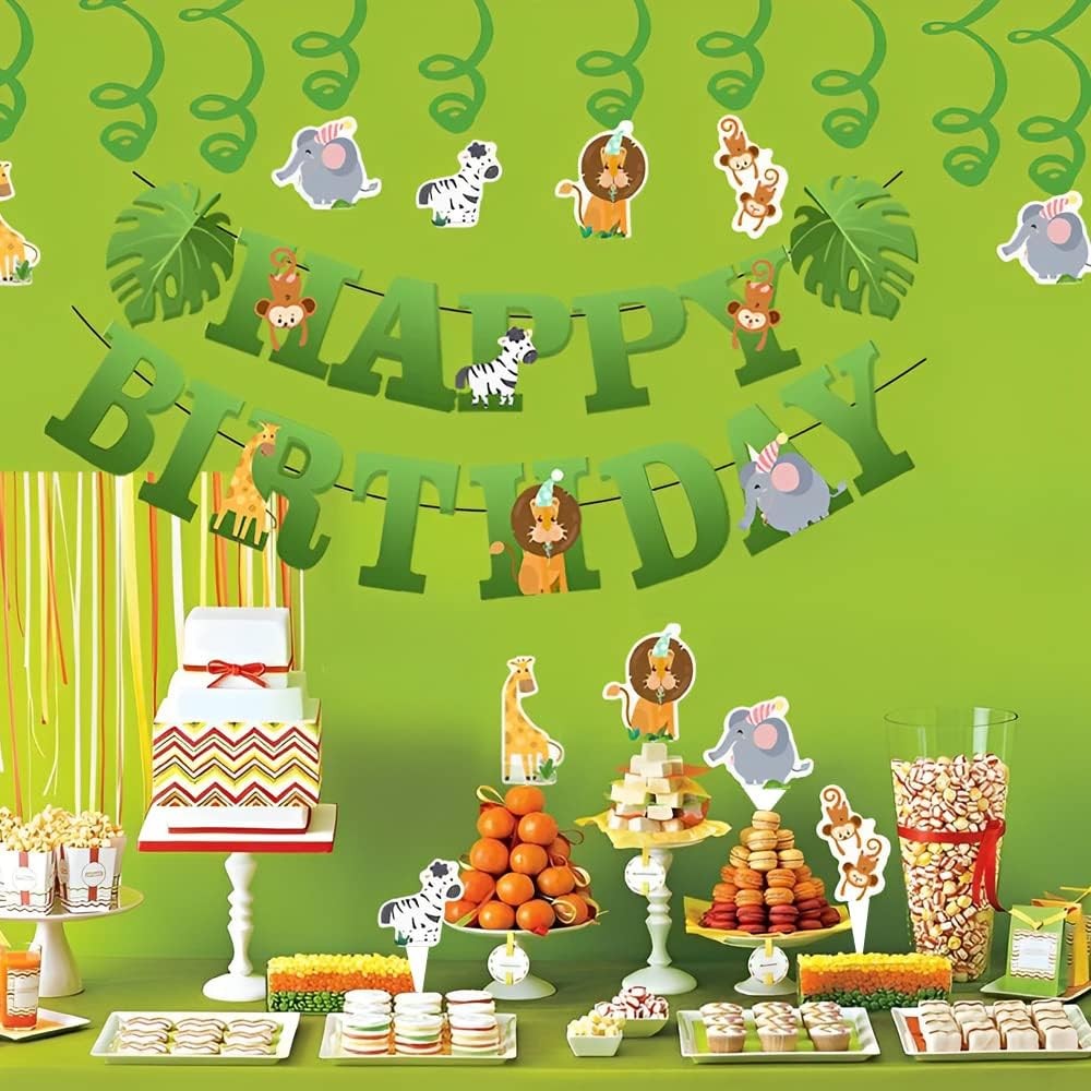 Banner Happy Birthday 100x200 cm, Vivimall, Rola de Ata Inclusa, Tematica Jungle, Verde - vivimall.ro