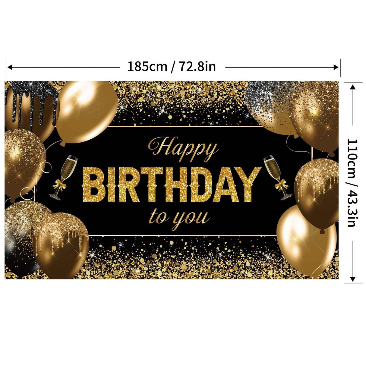 Banner Tip Fundal pentru Poze, Vivimall, din Panza, 185 x 110 cm, Sfoara 6 m, Prindere in 4 Colturi, Happy Birthday to You, Negru/Auriu - vivimall.ro