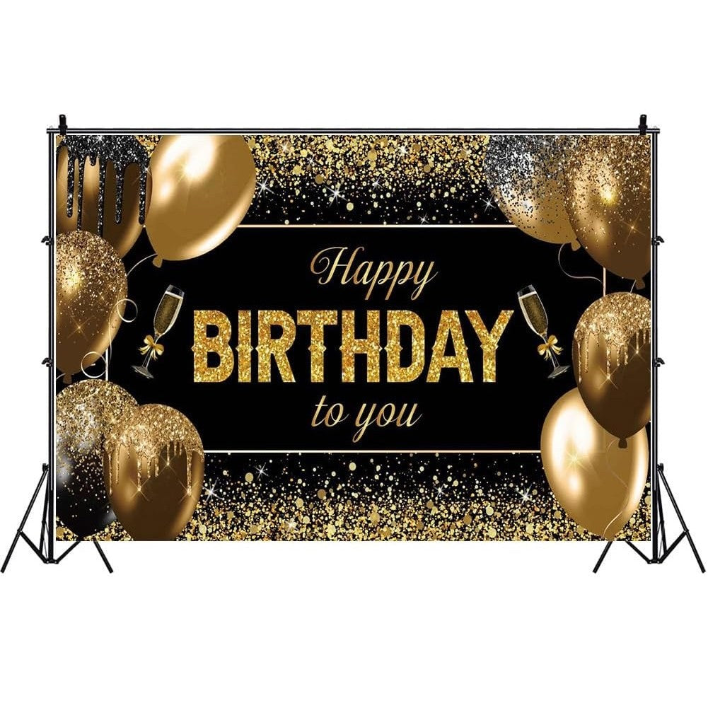 Banner Tip Fundal pentru Poze, Vivimall, din Panza, 185 x 110 cm, Sfoara 6 m, Prindere in 4 Colturi, Happy Birthday to You, Negru/Auriu - vivimall.ro