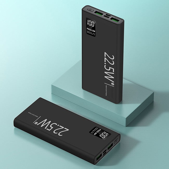 Powerbank 20000 mAh Vivimall, vedere laterală care evidențiază designul plat de 26 mm grosime