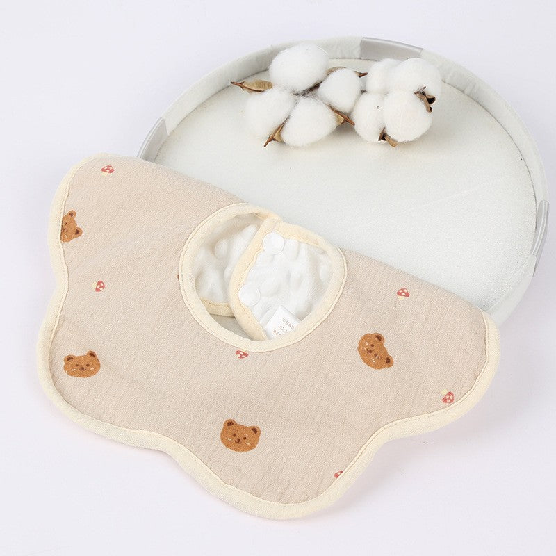 Baveta Tip Floare, Vivimall, din Bumbac, pentru Copii 0-12 Luni, Rezistenta la apa, cu Capse, Model cu Ursuleti, 26 x 29 cm, Crem - vivimall.ro