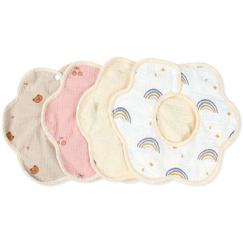 Baveta Tip Floare, Vivimall, din Bumbac, pentru Copii 0-12 Luni, Rezistenta la apa, cu Capse, Model cu Ursuleti, 26 x 29 cm, Crem - vivimall.ro