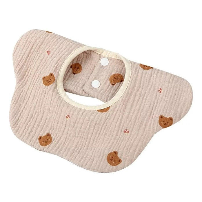 Baveta Tip Floare, Vivimall, din Bumbac, pentru Copii 0-12 Luni, Rezistenta la apa, cu Capse, Model cu Ursuleti, 26 x 29 cm, Crem - vivimall.ro