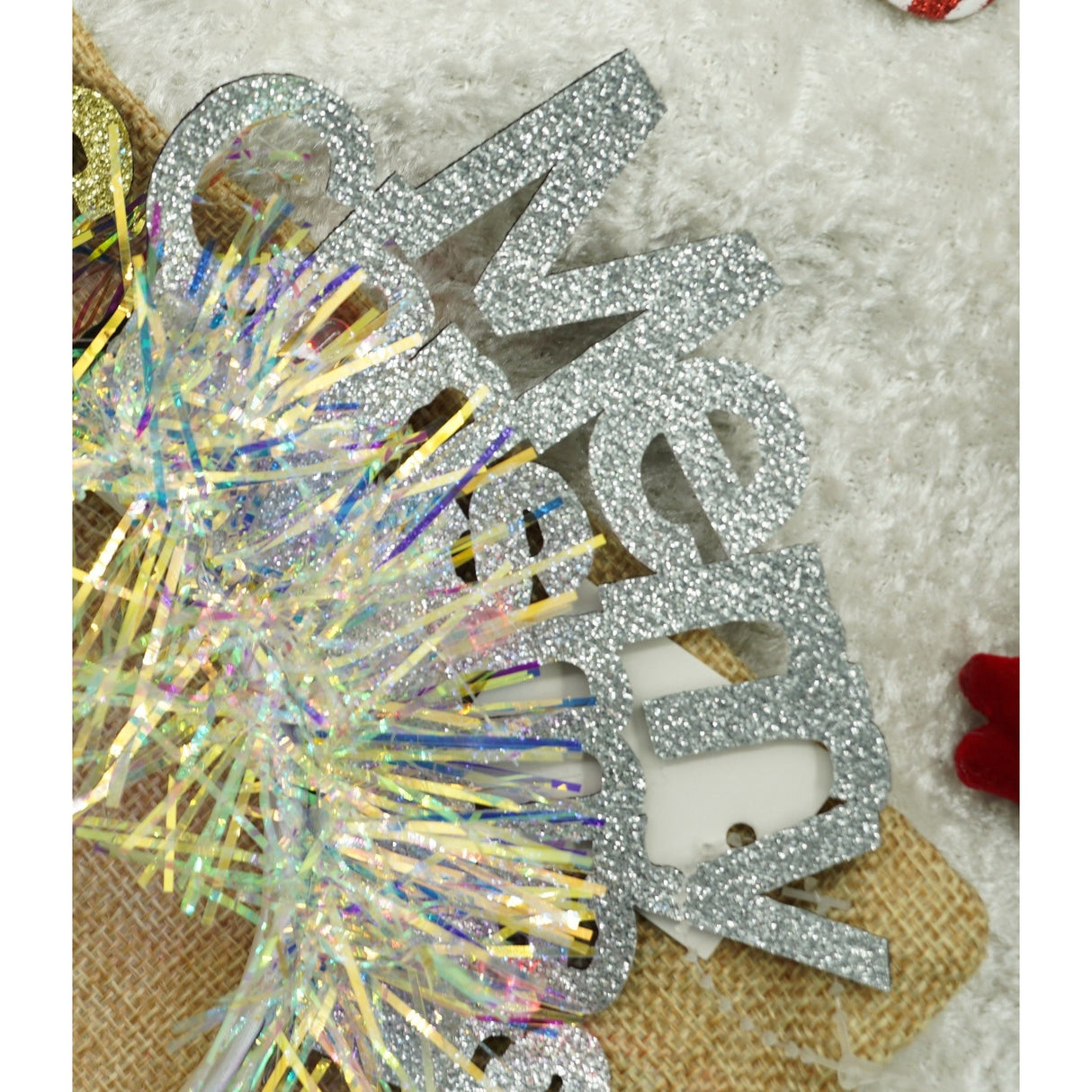 Bentita/cerc Mery Cristmas, culoare gri metalic cu beteala, marime standard, Vivimall - vivimall.ro