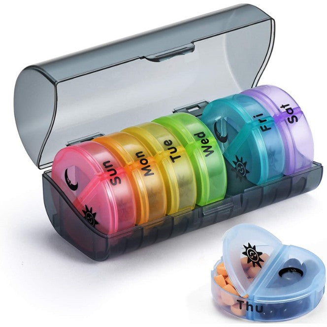 Cutie Depozitare Medicamente, Vivimall, 7 Zile, 14 Compartimente, Cutie Suport, Recipiente Detasabile, Portabila, Recipiente Colorate, Suport Negru, 17.5x11x9.5 cm - vivimall.ro