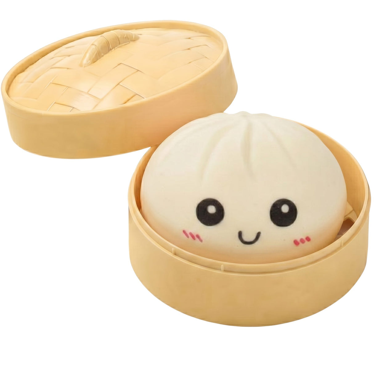 Jucărie antistres Flippy Squishy Gigant Gălușcă Bao Bun, 8.5 cm, alb/crem, vedere frontală cu coșuleț steamer