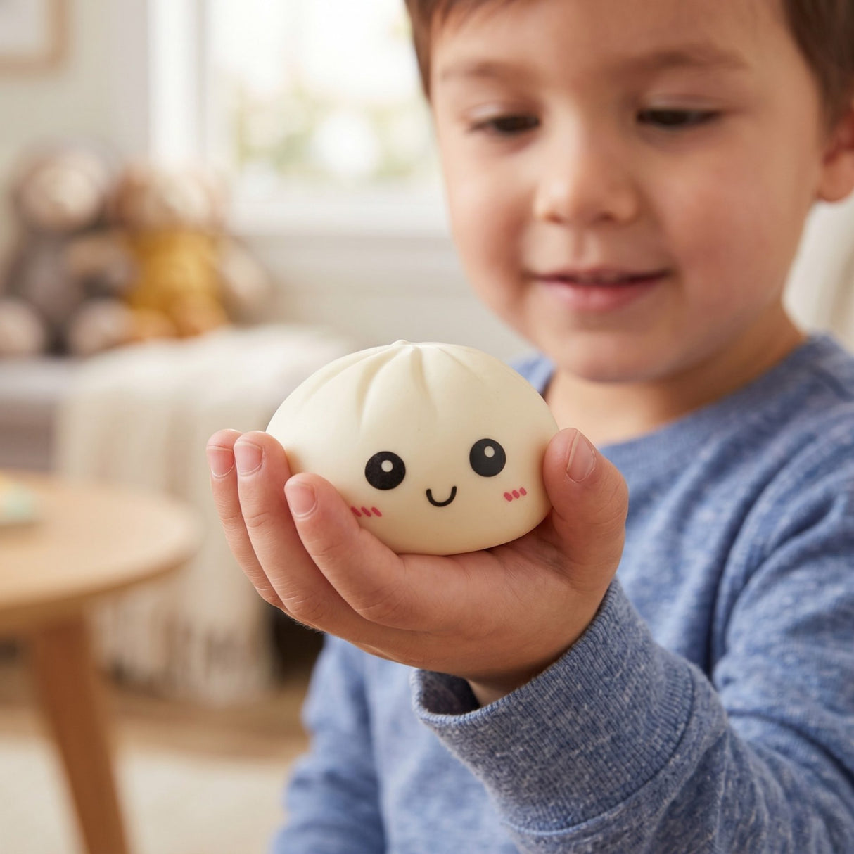 Coșuleț Steamer inclus cu jucăria squishy Flippy Gălușcă, suport decorativ din bambus imitație, vedere laterală