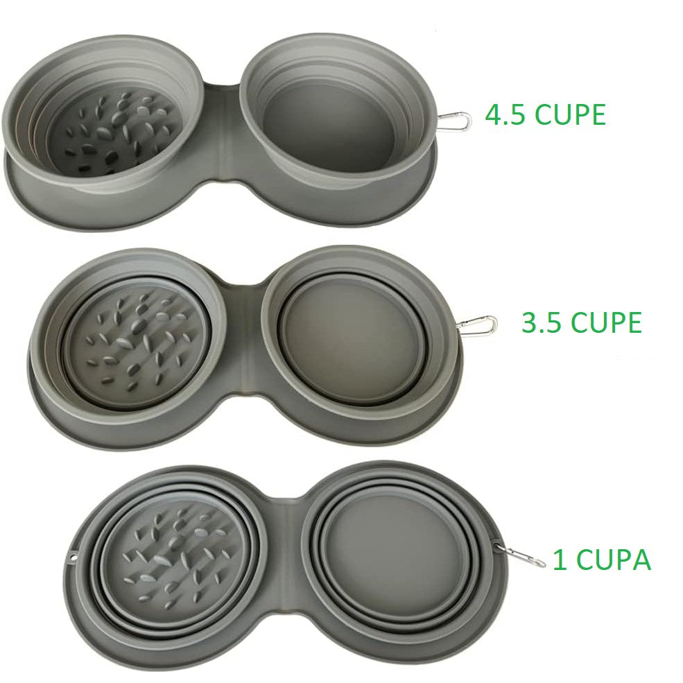 Bol Dublu pentru Animalul de Companie, Vivimall, din Silicon, Pliabil, Inaltime Reglabila, Antialunecare, 42 x 21 x 5 cm, Gri - vivimall.ro