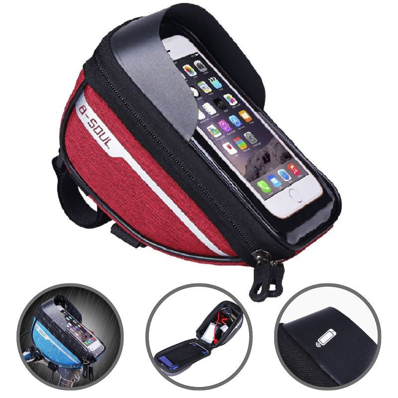 Borseta bicicleta impermeabila cu husa pentru telefon Flippy, montare pe ghidon, compatibila cu telefoane de pana la 16 cm, spatiu depozitare, 18.5x9.5 cm, rosu - vivimall.ro