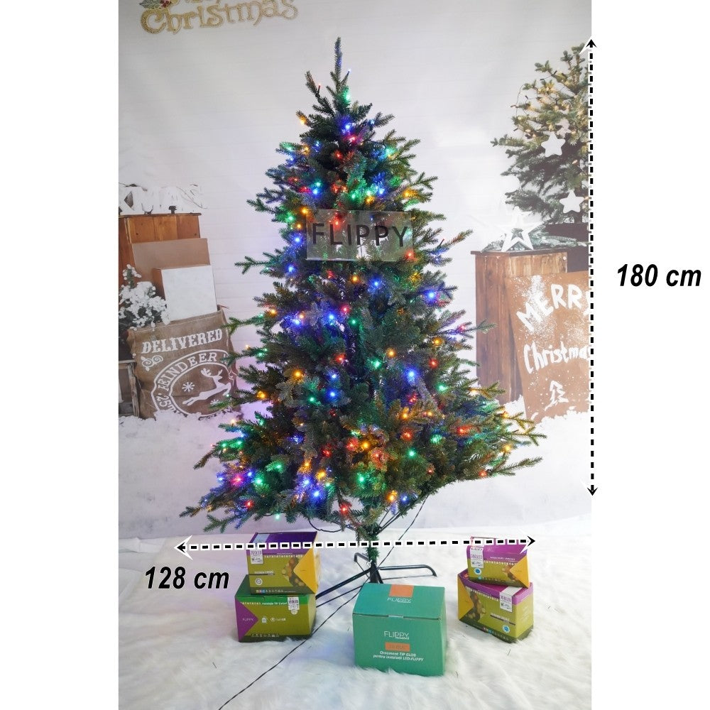 Brad Artificial de Craciun, Becuri led incluse in ramuri, pentru interior/exterior, inaltime 180 cm, diametru 128 cm, 1246 ramuri, Vivimall, verde, suport metalic inclus - vivimall.ro