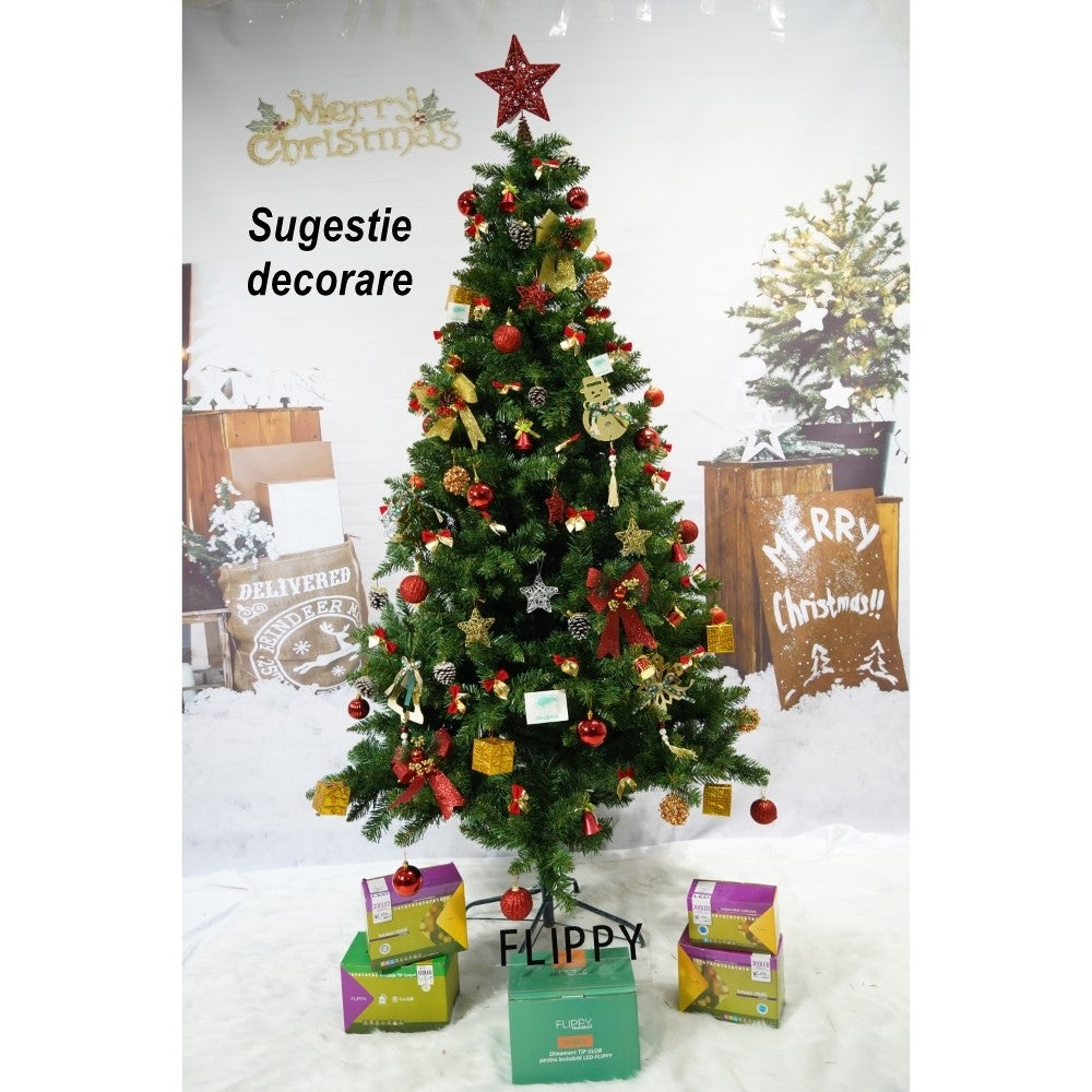 Brad artificial de Craciun, clasic, pentru interior/exterior, inaltime 210 cm, diametru 106 cm, 663 ramuri, Vivimall, verde, suport metalic inclus - vivimall.ro