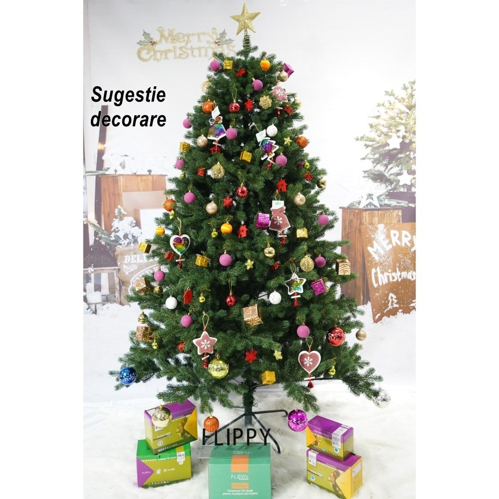 Brad artificial de Craciun, clasic, pentru interior/exterior, inaltime 210 cm, diametru 138 cm, 858 ramuri, Vivimall, verde, suport metalic inclus - vivimall.ro