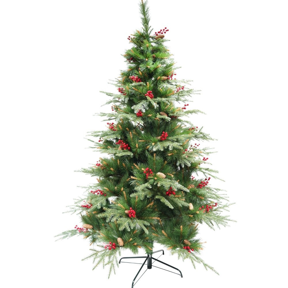 Brad artificial de Craciun Bogat Premium, decorat cu conuri pin rosii, inaltime 180 cm, 414 ramuri, Vivimall, verde, suport metalic inclus - vivimall.ro