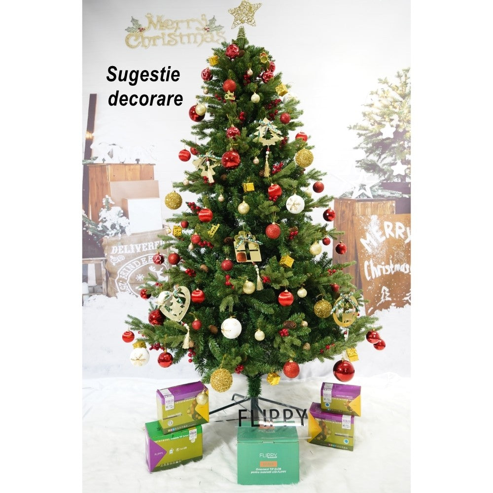 Brad artificial de Craciun, decorat cu conuri pin rosii, inaltime 210 cm, diametru 137 cm, 1172 ramuri, Vivimall, verde, suport metalic inclus - vivimall.ro