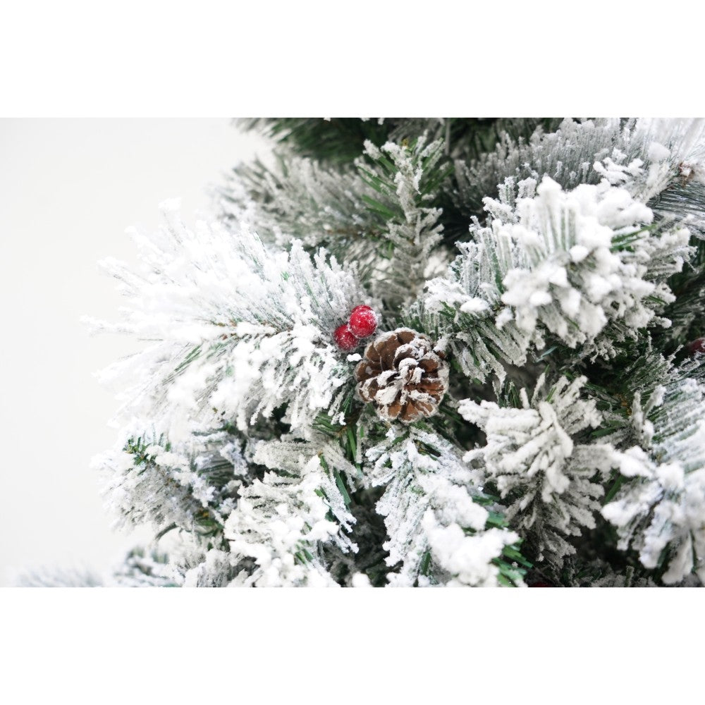 Brad artificial de Craciun nins, decorat cu conuri pin, pentru interior/exterior, inaltime 210 cm, diametru 131 cm, 630 ramuri, Flippy, alb/verde, suport metalic inclus - vivimall.ro