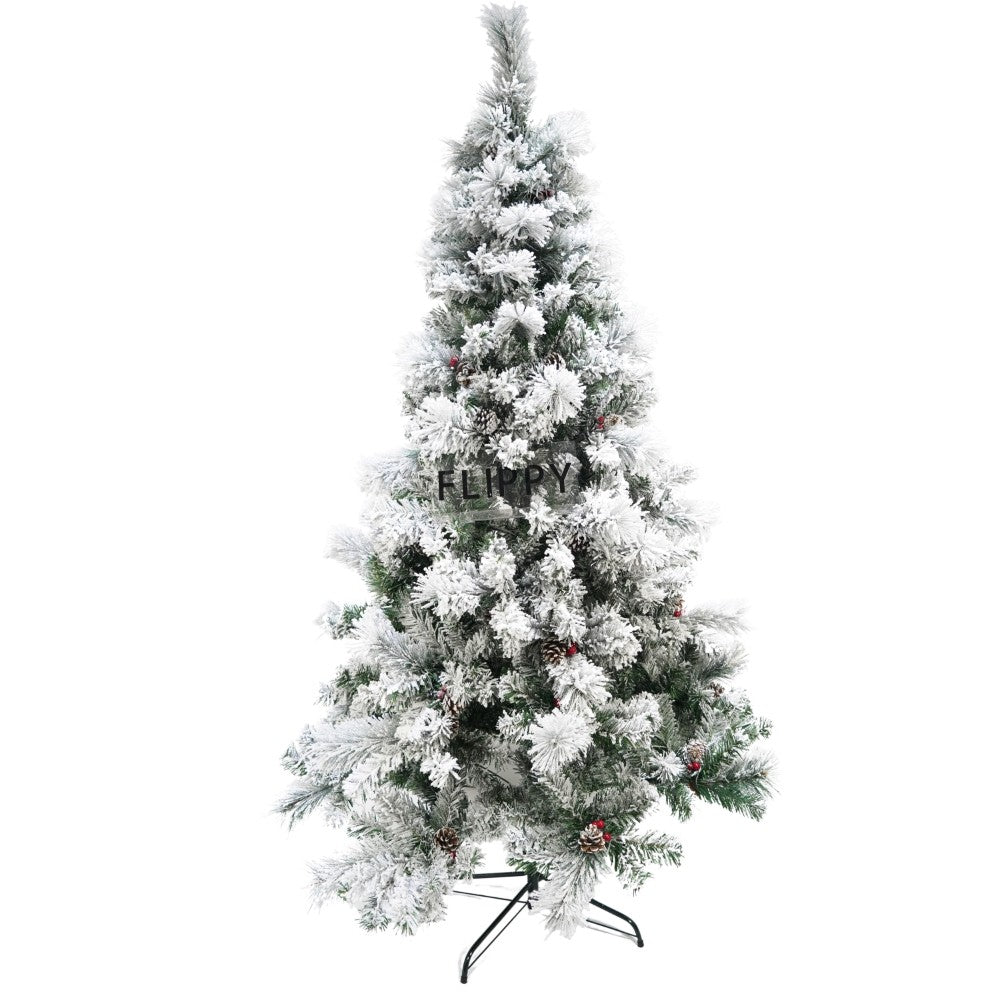 Brad artificial de Craciun nins, decorat cu conuri pin, pentru interior/exterior, inaltime 210 cm, diametru 131 cm, 630 ramuri, Flippy, alb/verde, suport metalic inclus - vivimall.ro