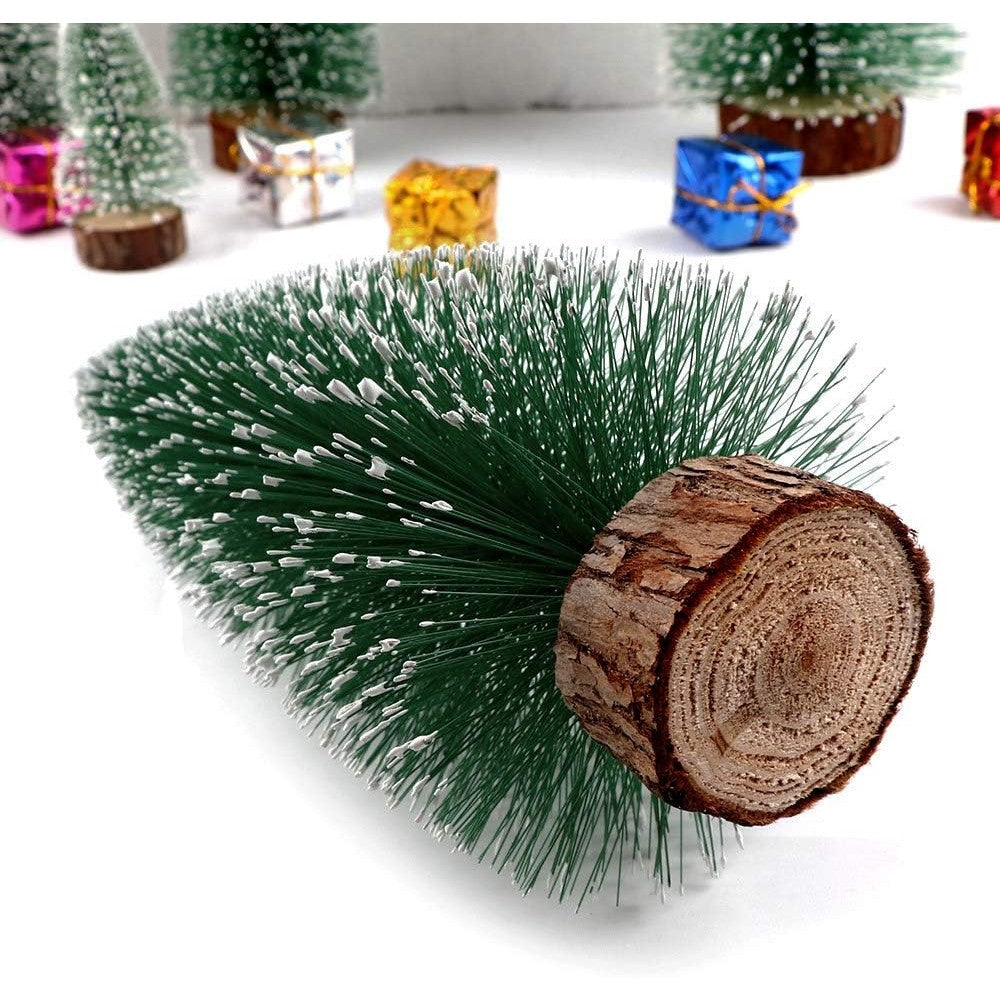 Brad artificial de craciun, ornament pentru masa, pe suport lemn, 10 cm inaltime, Verde inzapezit - vivimall.ro