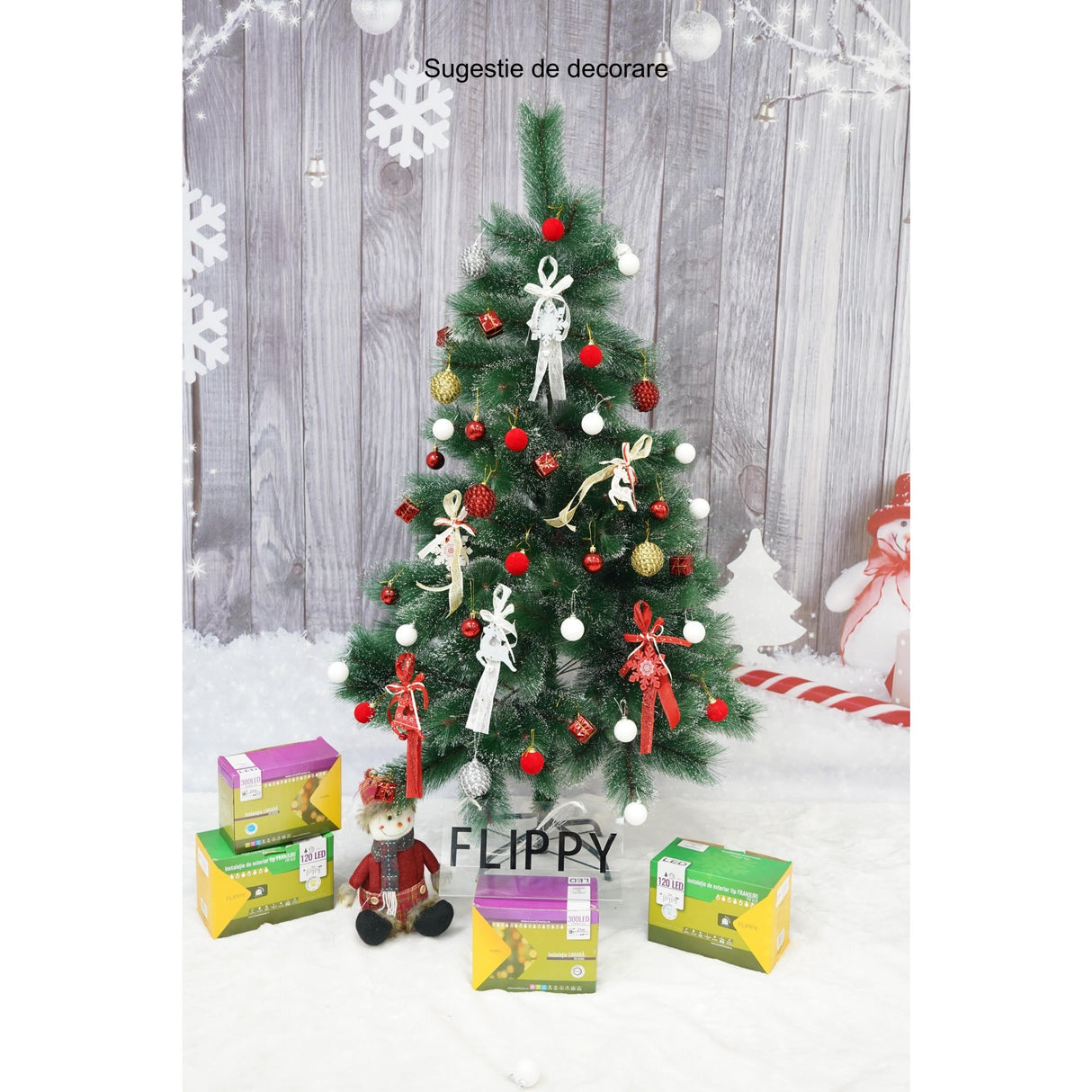 Brad artificial de Craciun tip pin inzapezit, inaltime 150 cm, diametru 85 cm, 160 ramuri cu ace 3D 12 cm, Vivimall, verde cu varfuri ninse, suport metalic inclus - vivimall.ro