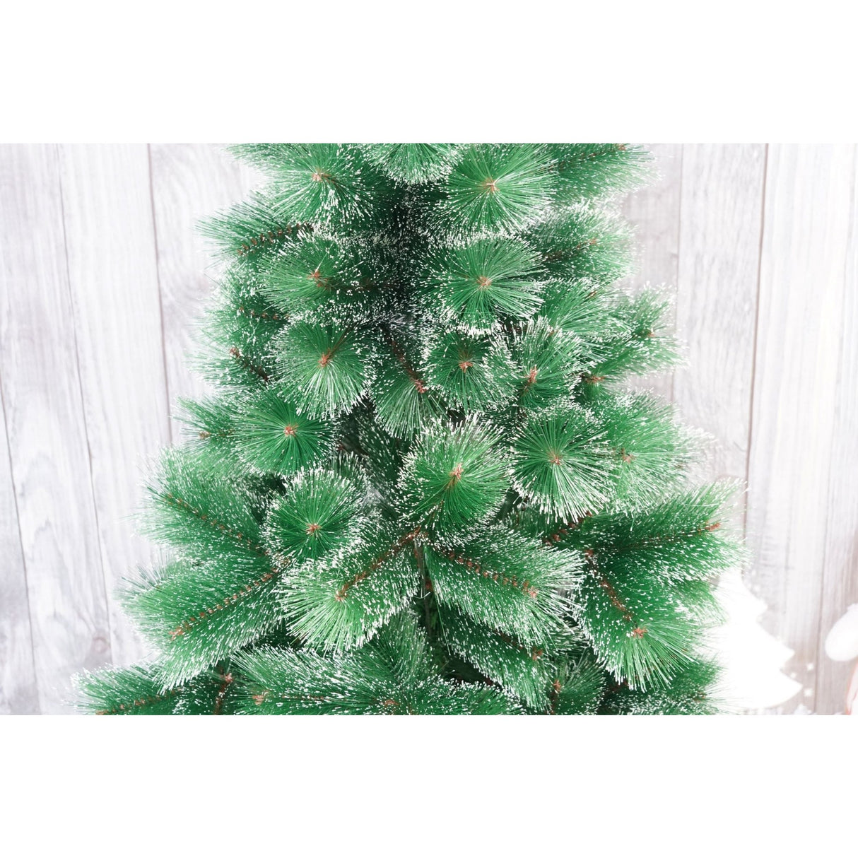 Brad artificial de Craciun tip pin inzapezit, inaltime 180 cm, diametru 105 cm, 260 ramuri cu ace 3D 12 cm, Vivimall, verde cu varfuri ninse, suport metalic inclus - vivimall.ro