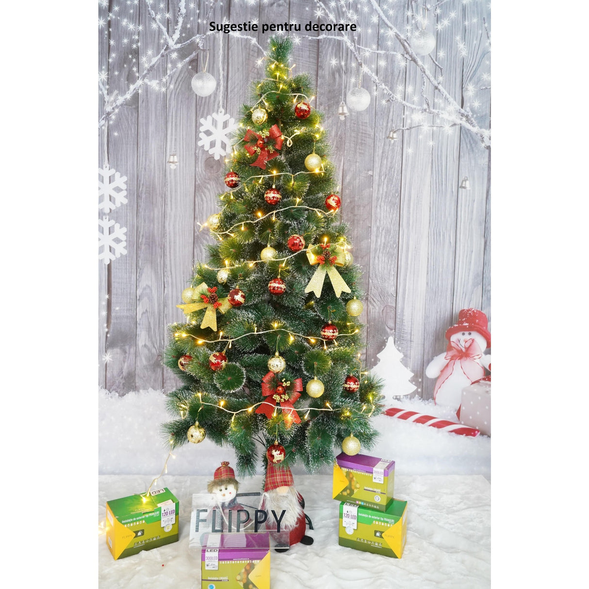 Brad artificial de Craciun tip pin inzapezit, inaltime 210 cm, diametru 115 cm, 350 ramuri cu ace 3D 12 cm, Vivimall, verde cu varfuri ninse, suport metalic inclus - vivimall.ro