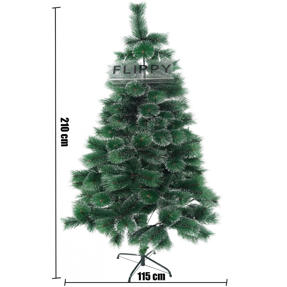 Brad artificial de Craciun tip pin inzapezit, inaltime 210 cm, diametru 115 cm, 350 ramuri cu ace 3D 12 cm, Vivimall, verde cu varfuri ninse, suport metalic inclus - vivimall.ro
