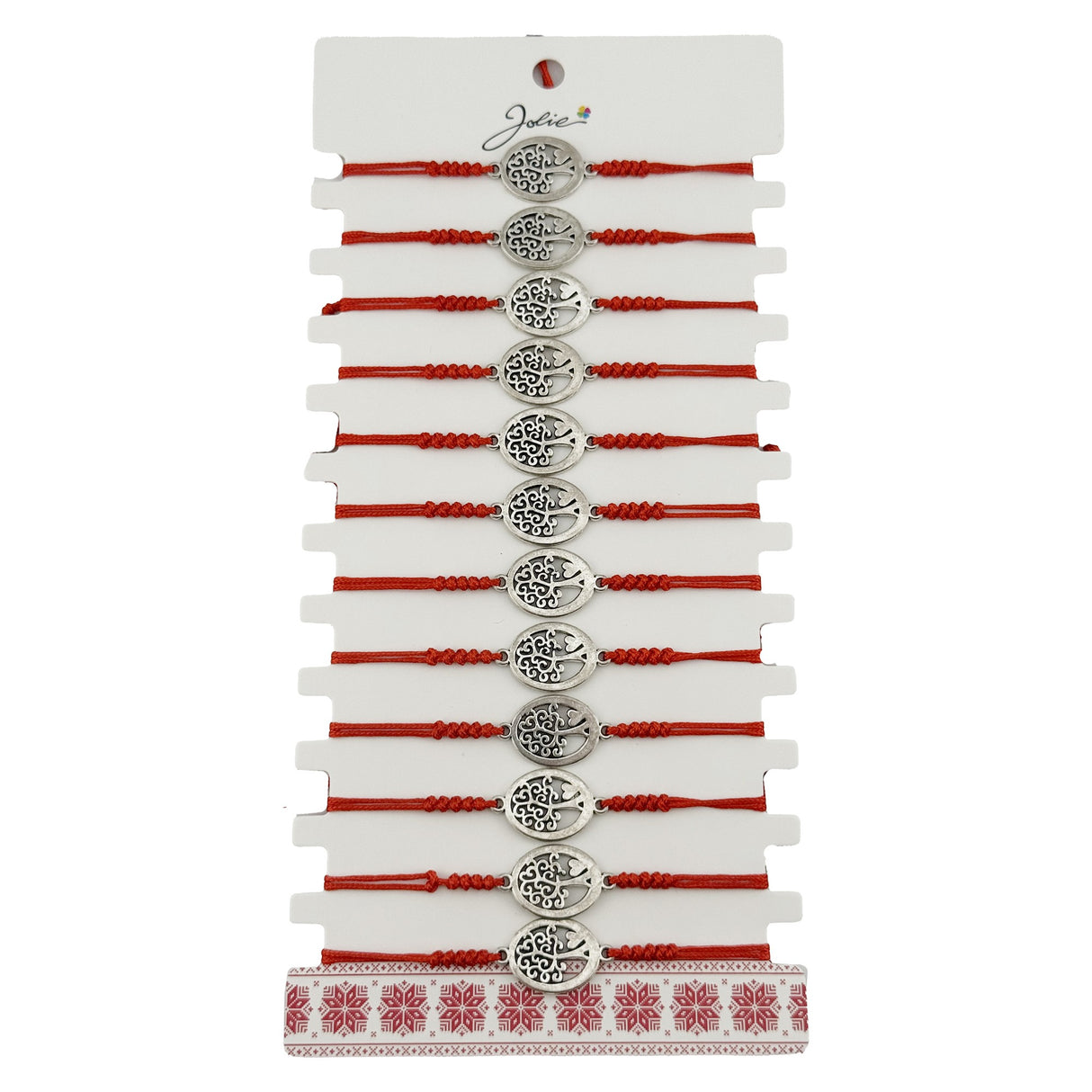 Bratara Martisor pentru Dama, Jolie, Model Copac Rotund, Set 12 bucati, Pandativ Argintiu din Inox cu Snur Rosu Ajustabil - vivimall.ro