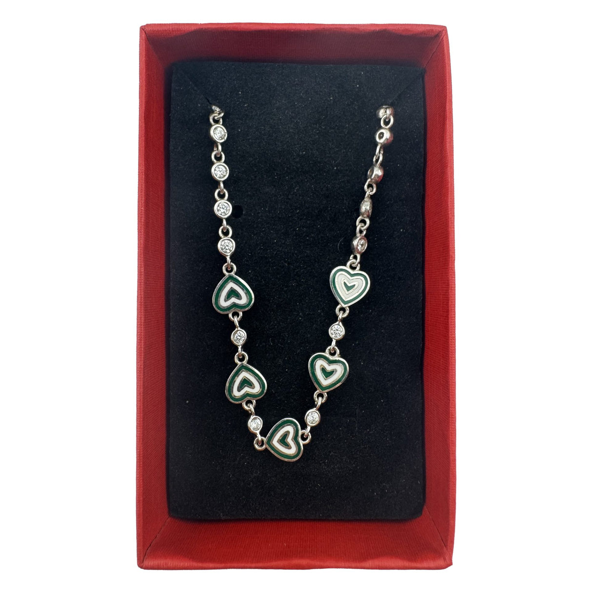 Bratara pentru Copii, Jolie, Argint 925, Model Inima, cu Email si Zirconiu, 22 cm/4.4g Argintiu/Verde inchis - vivimall.ro