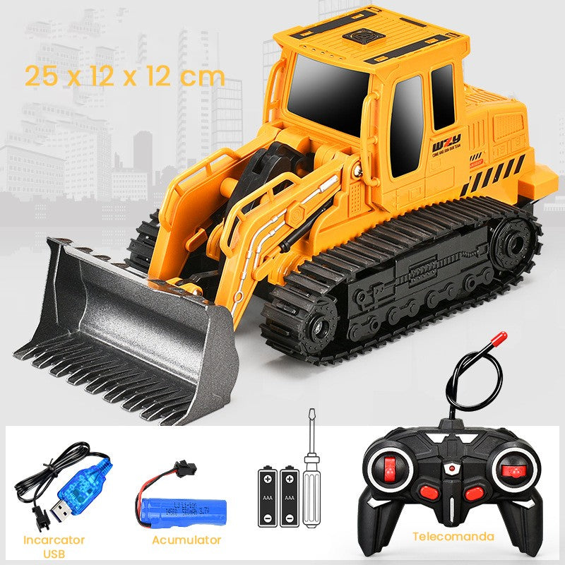 Buldozer cu Senile Jucarie pentru Copii, Vivimall, Jucarie Buldozer cu Telecomanda, Jucarie de Constructie, Acumulator cu Incarcare USB, 25 x 12 x 12 cm, Galben - vivimall.ro