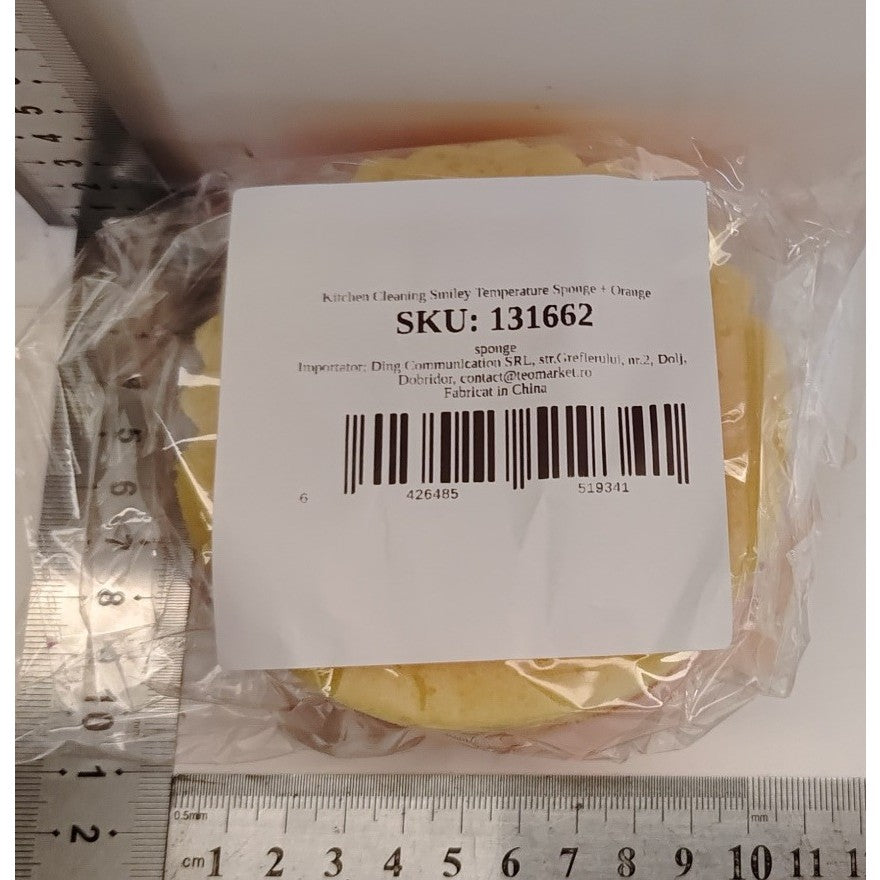 Burete de Vase, Vivimall, Rotund, din Burete PU, Model Smiley Face, Doua Fete, 10 x 4 cm, Portocaliu/Galben - vivimall.ro