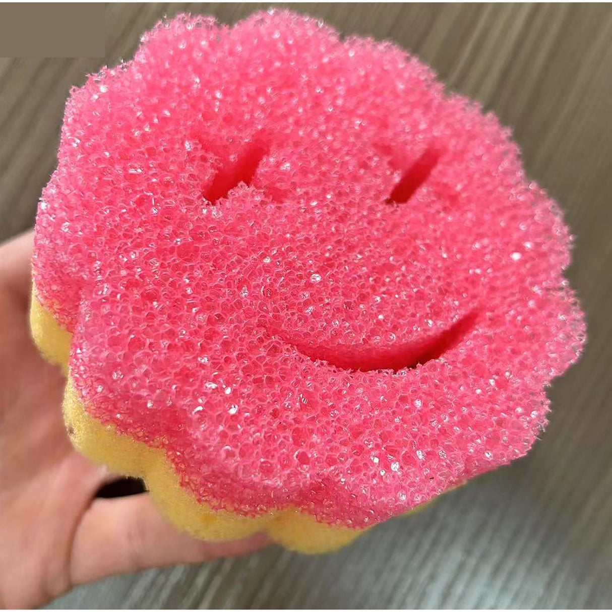 Burete de Vase, Vivimall, Rotund, din Burete PU, Model Smiley Face, Doua Fete, 10 x 4 cm, Roz/Galben - vivimall.ro