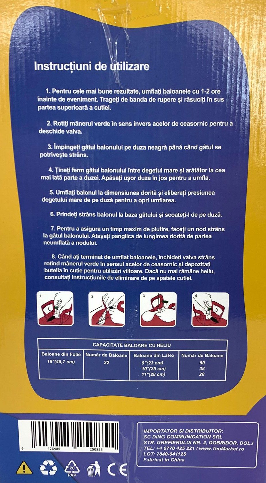 Butelie heliu de unică folosință Flippy, greutate 2 kg, ambalaj și specificații tehnice vizibile