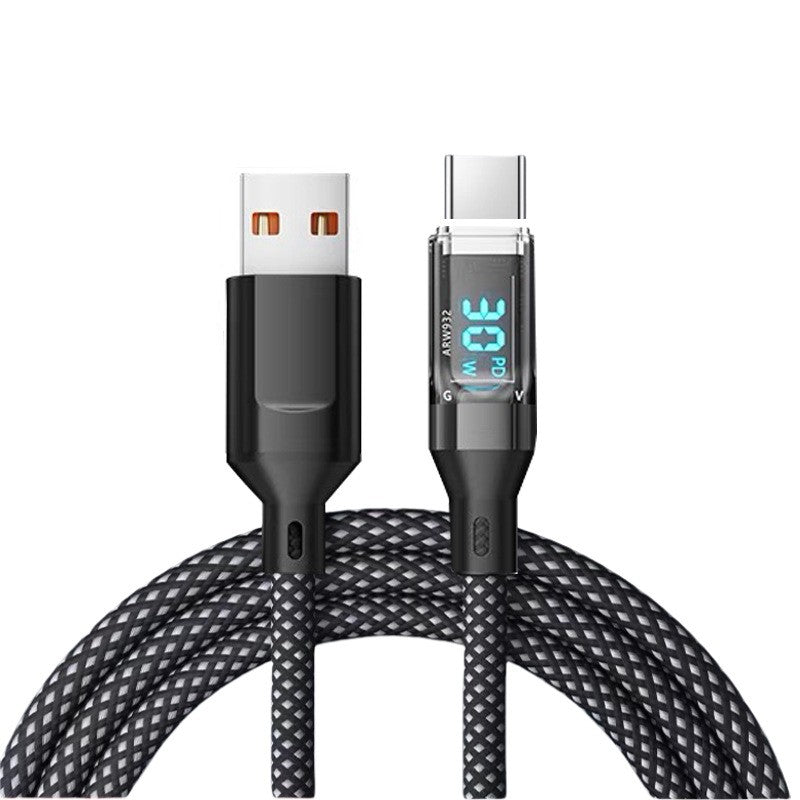 Cablu Type C USB Vivimall 120W cu afișaj digital LED, vedere frontală, culoare neagră, lungime 1 metru