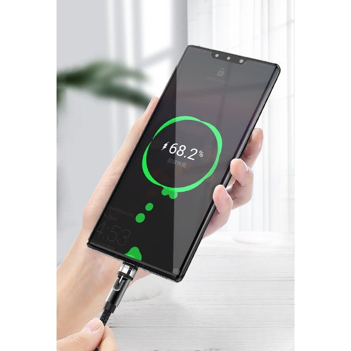 Cablu de incarcare magnetic 3 in 1 360 grade + 180 grade, 1 m, micro, type C, iPhone, 5 V, 2.1 A, Negru - vivimall.ro