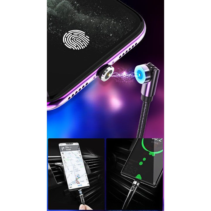 Cablu de incarcare magnetic 3 in 1 360 grade + 180 grade, 1 m, micro, type C, iPhone, 5 V, 2.1 A, Negru - vivimall.ro