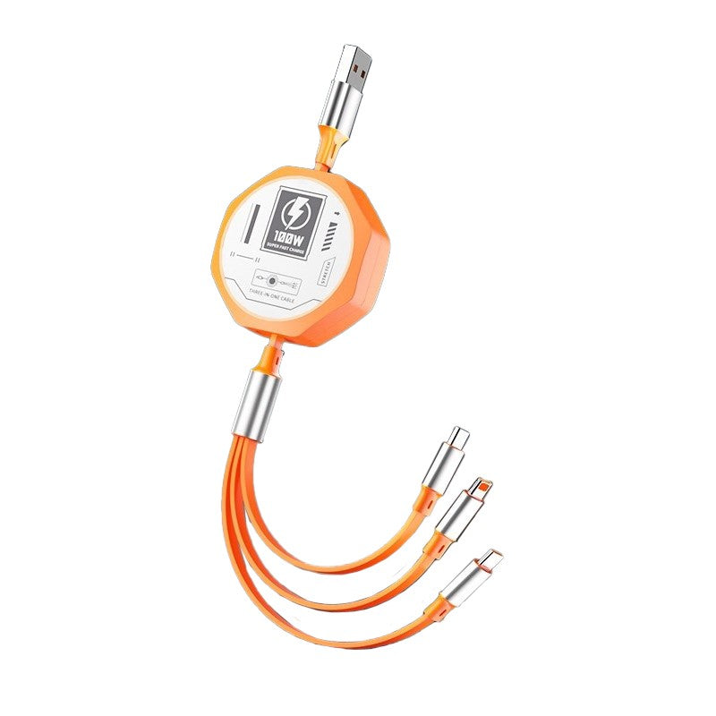 Cablu Retractabil 3in 1 pentru Telefon, Flippy, Cablu de incarcare rapida 100W, stil Mecha, potrivit pentru Auto, Universal 1.2M, Portocaliu - vivimall.ro