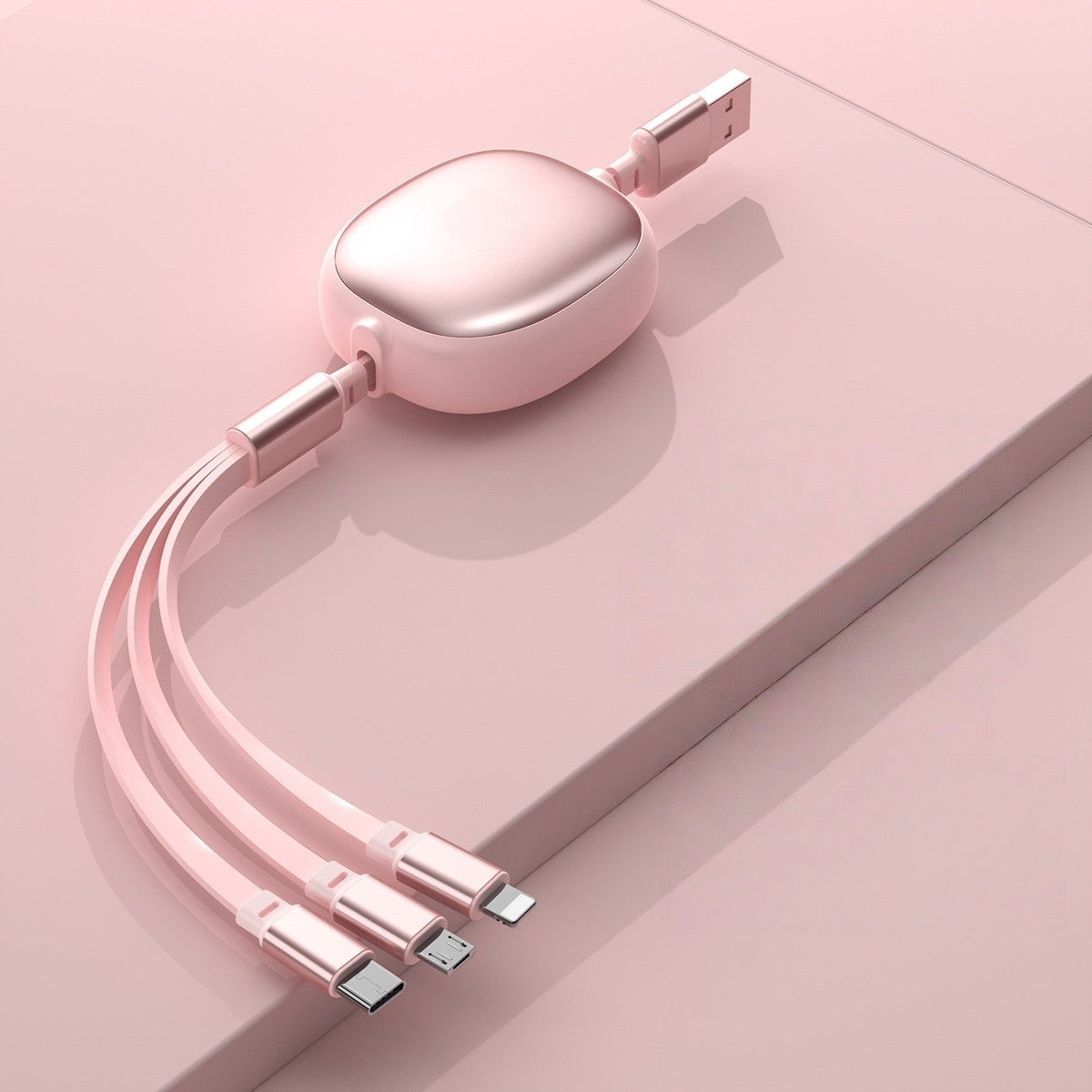 Cablu Retractabil Universal pentru Telefon, Flippy, Universal 3in1 pentru Orice Tip de Telefon, Micro-USB, Lightning, TYPE-C, 1.2M, Roz - vivimall.ro
