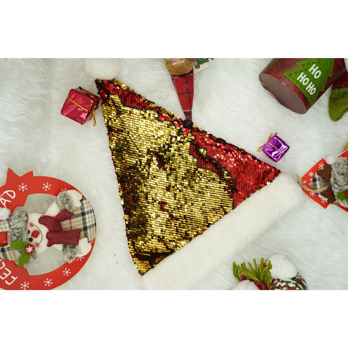 Caciulita de Mos Craciun, Vivimall,cu strasuri, in 2 culori, rosie - aurie, marime universala, material textil - vivimall.ro