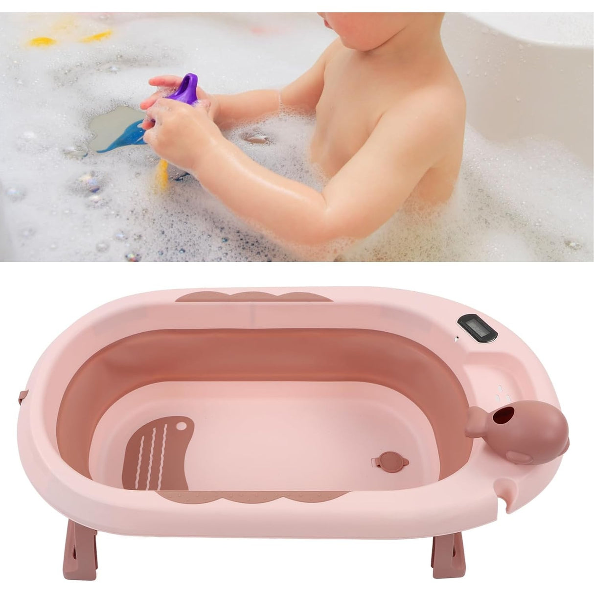 Cada de Baie, Vivimall, pentru Copii 0 luni - 6 Ani, cu Termometru, Pliabila, Perna Suport Inclusa, din Plastic, 81.5 x 49 x 21.5 cm, Roz - vivimall.ro