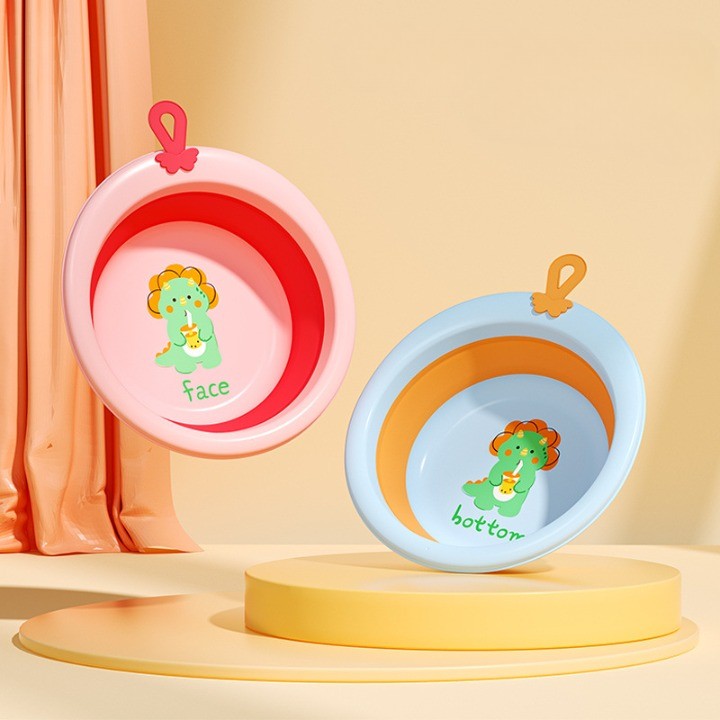 Cada Pliabila pentru Baie pentru Copii, Vivimall, Cadita pentru Bebelusi, Model Rotund cu Dinozaur, Blue, 30x30x3.7 cm, 4L - vivimall.ro