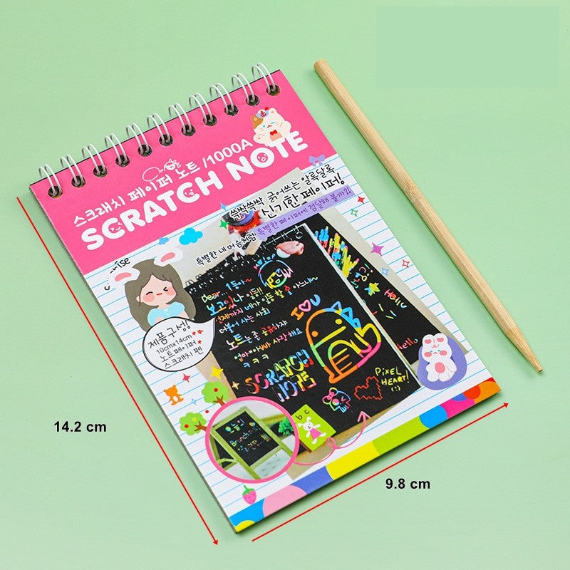 Caiet cu fise razuibile Vivimall, DIY Magic Scratch, 12 File, Curcubeu, Creion din Lemn, Cartonase negre, 14.2 x 9.8 cm, Roz deschis - vivimall.ro