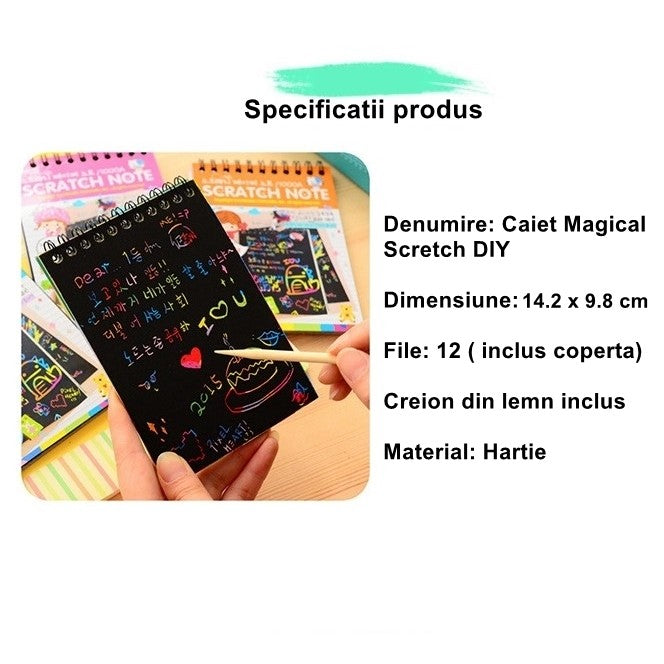 Caiet cu fise razuibile Vivimall, DIY Magic Scratch, 12 File, Curcubeu, Creion din Lemn, Cartonase negre, 14.2 x 9.8 cm, Roz deschis - vivimall.ro