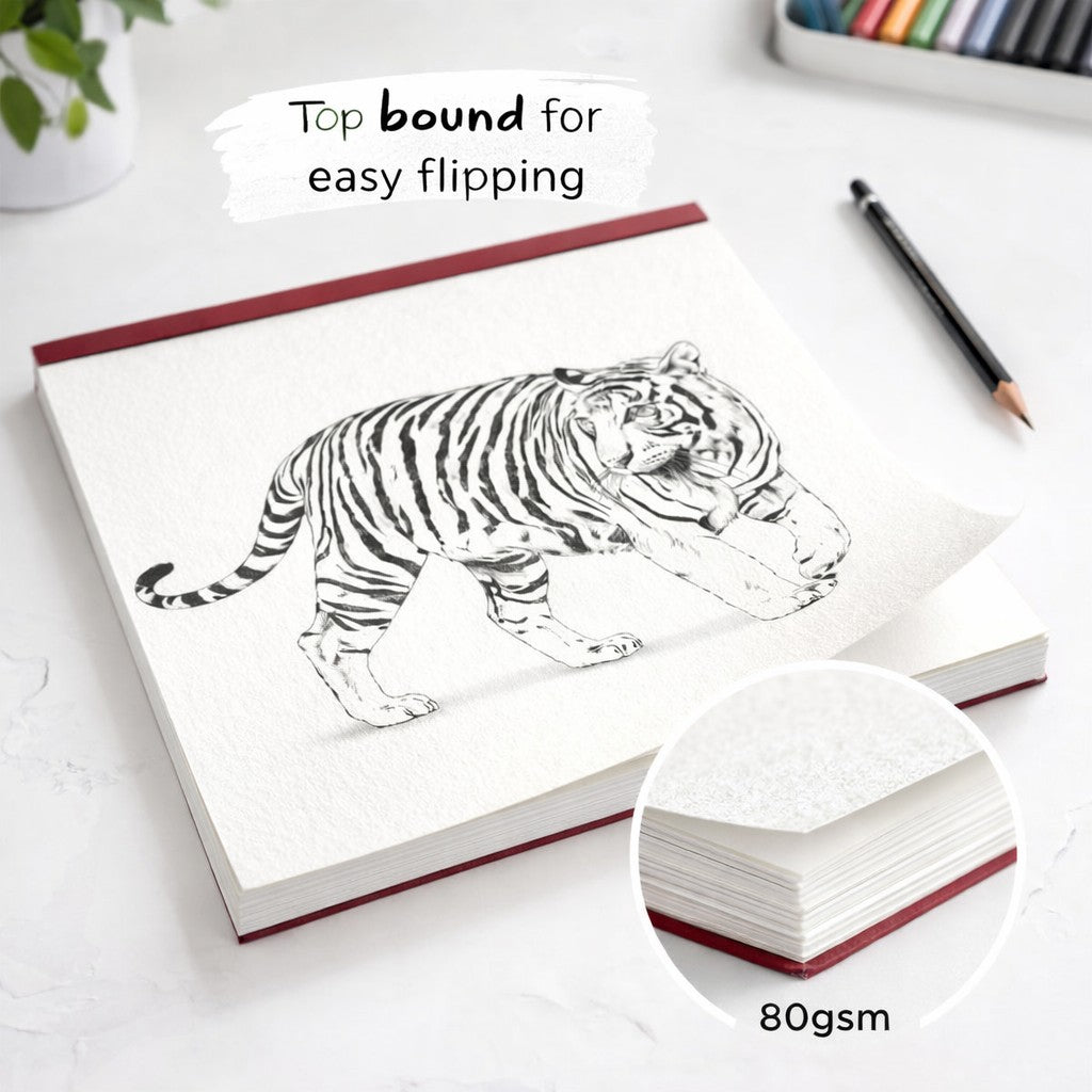 Detaliu copertă carton vișiniu caiet schiță Flippy Perfect Bound 300g, unghi lateral cu spine