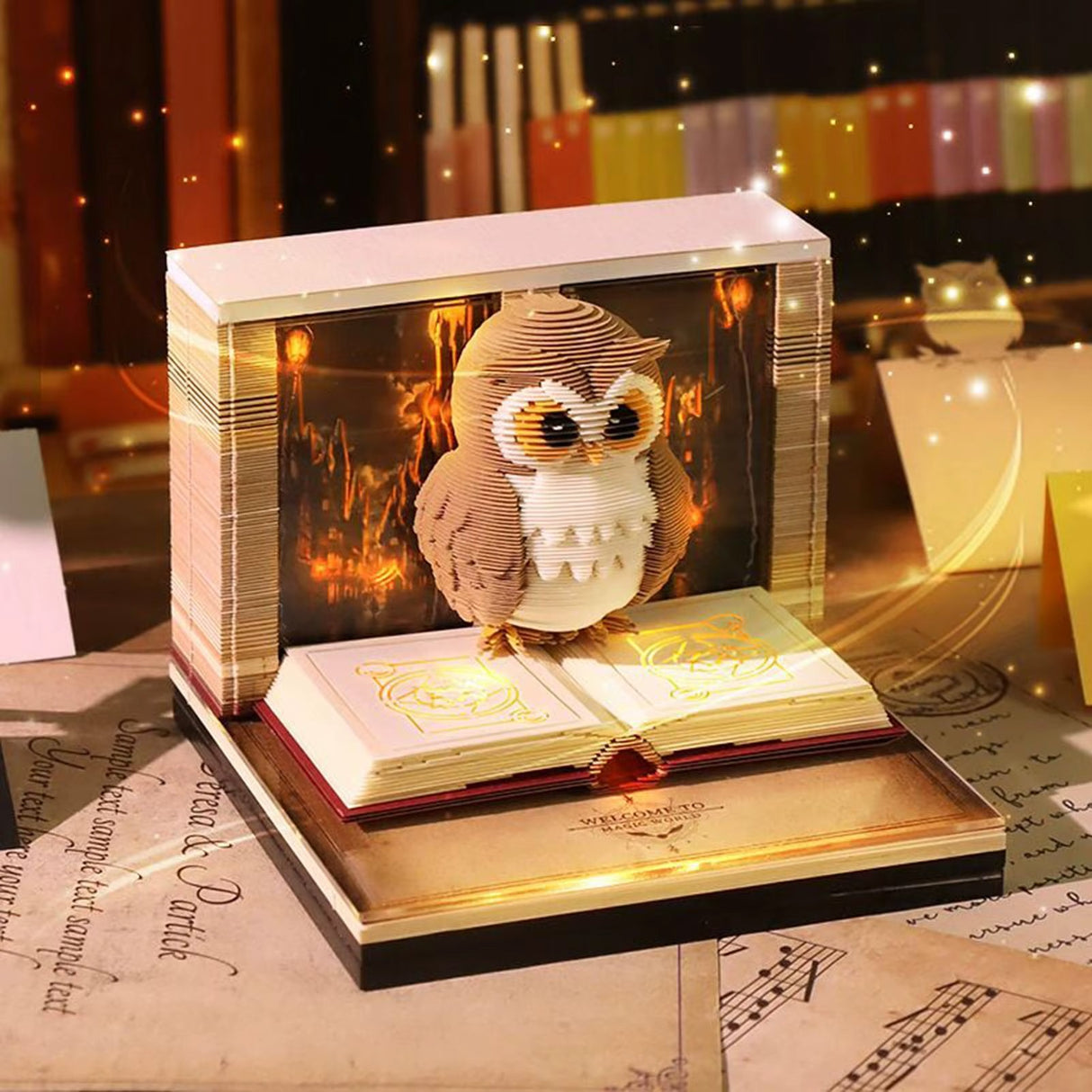 Calendar de birou ornamentat 3D 2026 cu LED activ, bufniță maro, perspectivă laterală