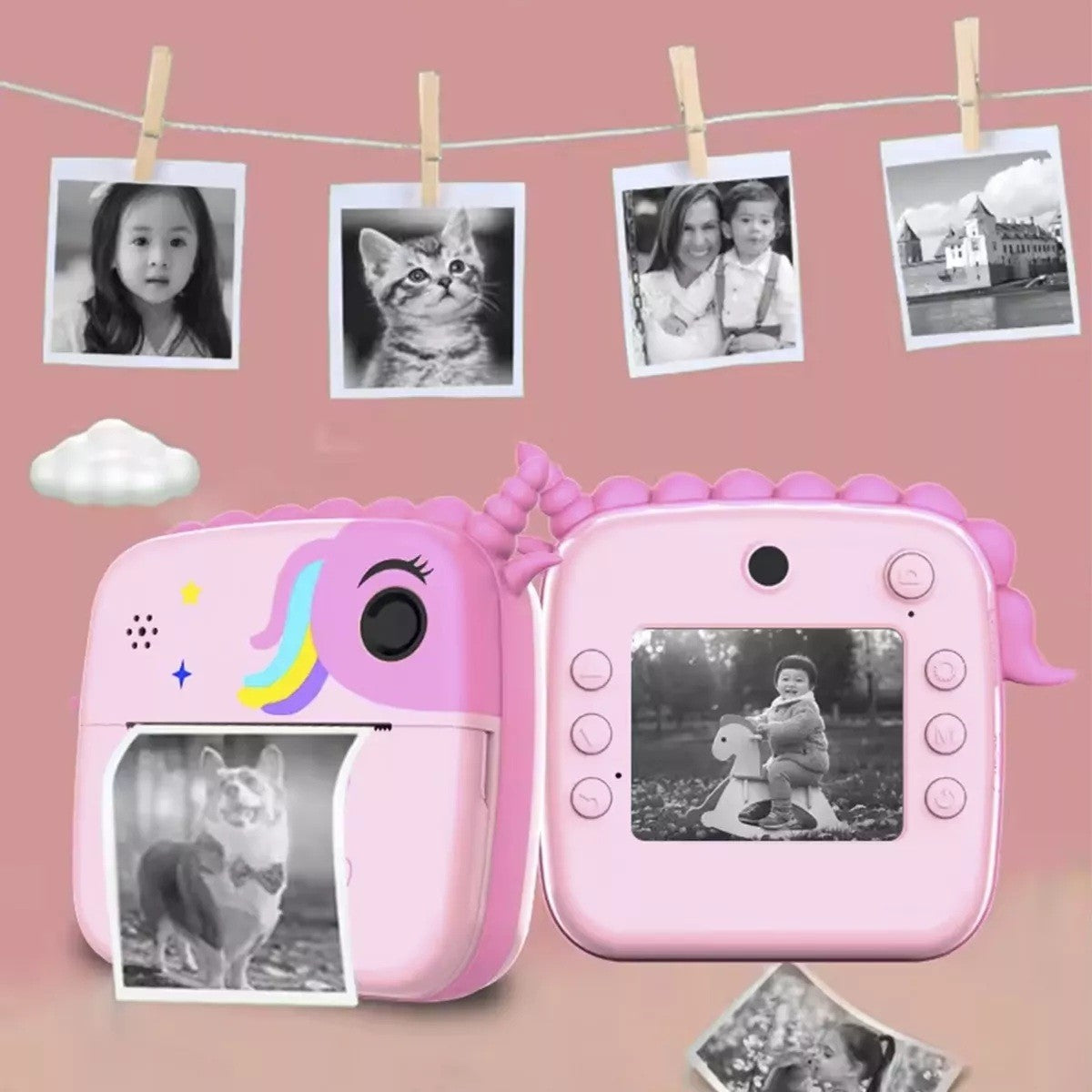 Camera Instantanee pentru Copii, Vivimall, Camera Frontala + Selfie, cu Functie de Printare, Cablu USB-C, Bluetooth, Compatibil iOS/Android, Model Unicorn, Snur Inclus, Roz - vivimall.ro