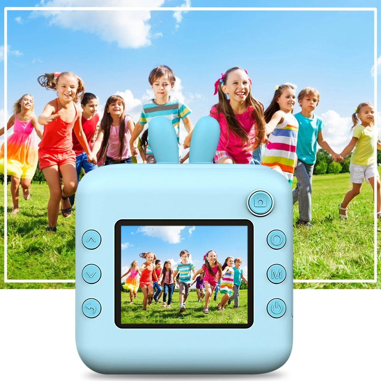 Camera Instantanee pentru Copii, Vivimall, cu Functie de Printare, Cablu USB-C, Bluetooth, Compatibil iOS/Android, Imprimare APP, Model Iepure, Snur de Agatat Inclus, Albastru - vivimall.ro