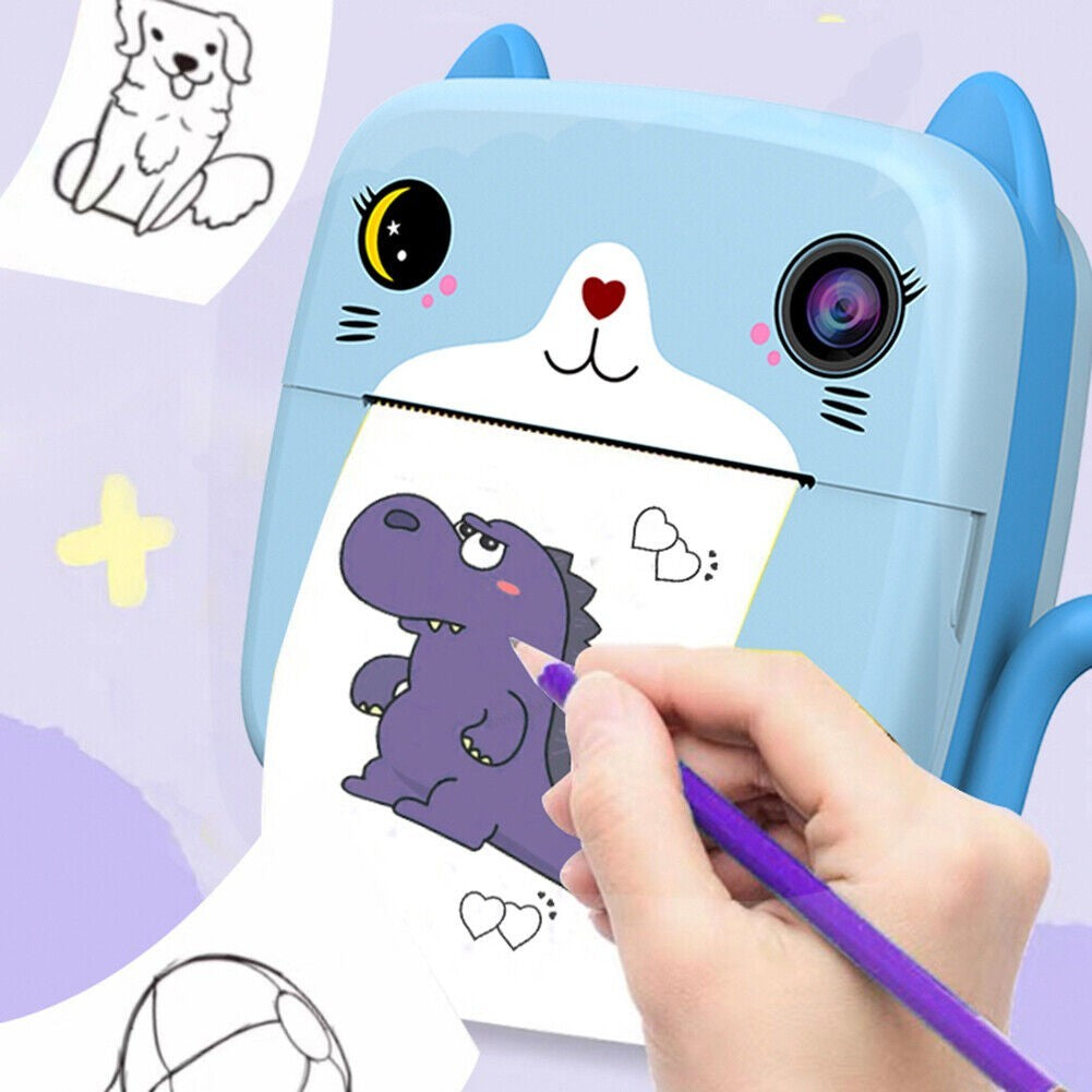 Camera Instantanee pentru Copii, Vivimall, cu Functie de Printare, Camera Frontala + Selfie, Cablu USB-C, Bluetooth, Compatibil iOS/Android, Imprimare APP, Model Pisica, Albastru - vivimall.ro