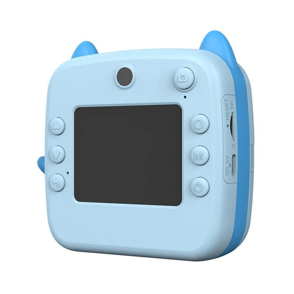 Camera Instantanee pentru Copii, Vivimall, cu Functie de Printare, Camera Frontala + Selfie, Cablu USB-C, Bluetooth, Compatibil iOS/Android, Imprimare APP, Model Pisica, Albastru - vivimall.ro