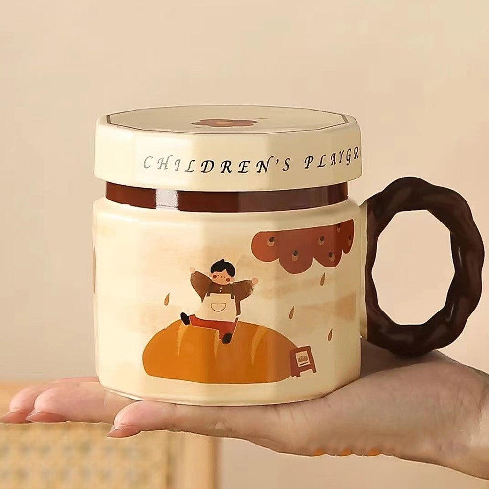 Cana din ceramica, Vivimall, Cana pentru Cafea, Ceai, Cana Universala, Unisex, Cana cu Capac, 9 x 8 x 8 cm, 400 ml, Model Baietel Bej - vivimall.ro