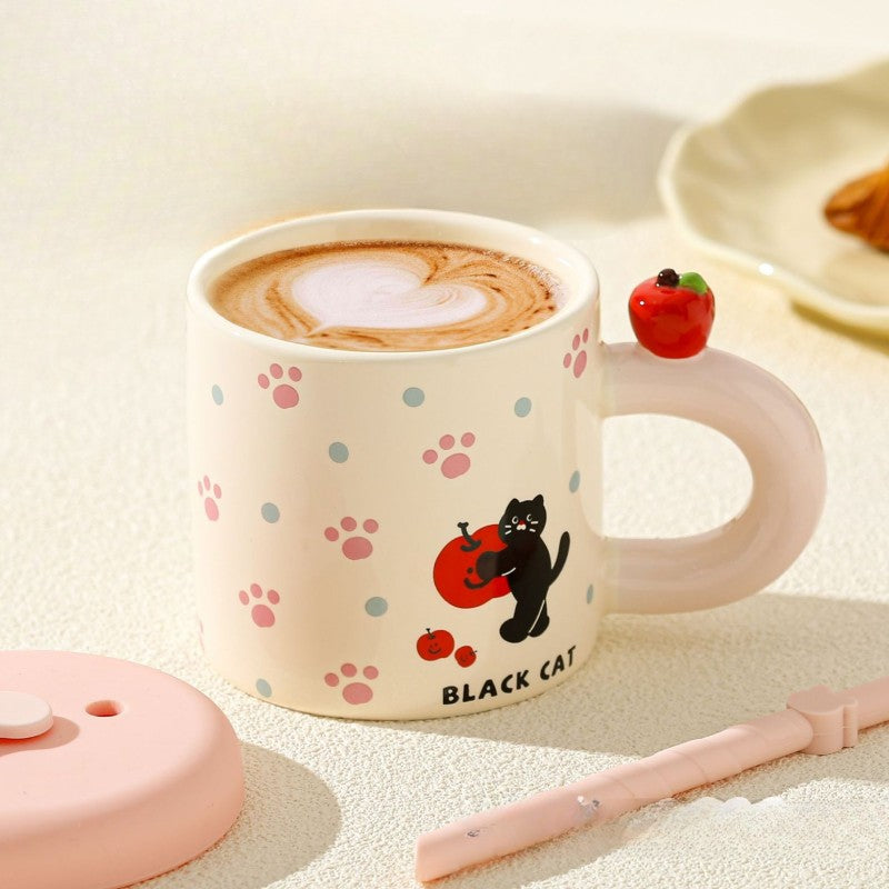 Cana din Ceramica cu Capac si Pai, Vivimall, Capacul si Paiul din Silicon Roz, 9x8.5 cm, Model Cute D, Capacitate 380ml - vivimall.ro