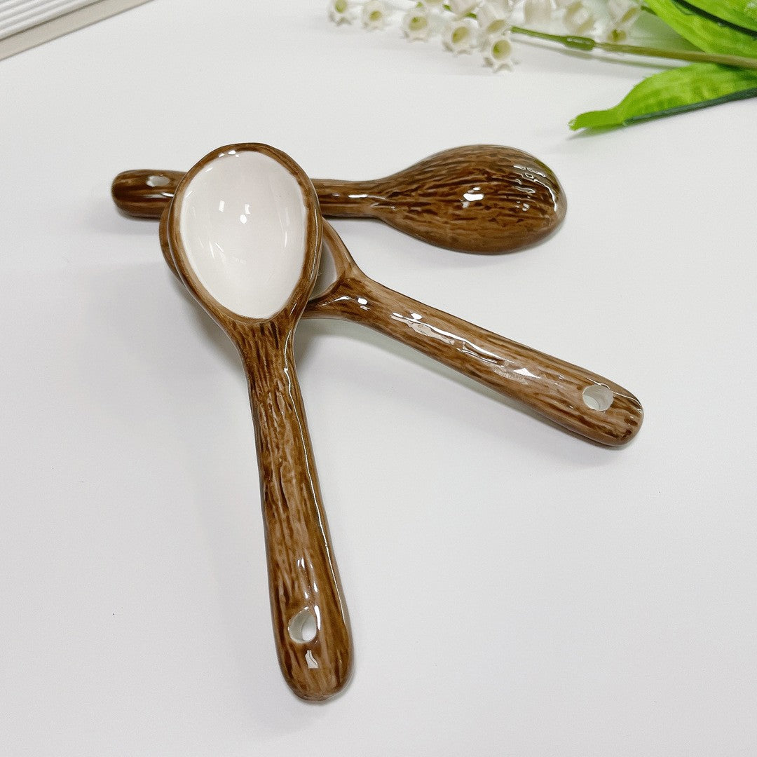 Cana din Ceramica, Vivimall, 201-300 ml, cu Lingurita, Model Nuca de Cocos, Maro - vivimall.ro